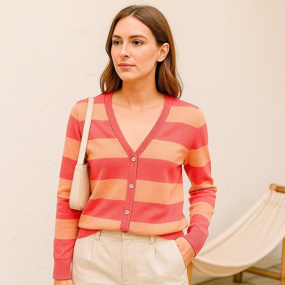 Levis Womens Striped Cardigan Pink Orange V Neck Cotton Viscose Knit Sweater M - Picture 3 of 11